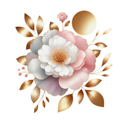 Wall Mural - Gold pink white flower clipart, golden floral transparent background cutout png