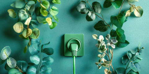 Ecological friendly and sustainable renewable energy concept. Green power cord in wall socket or outlet surrounded by green leaves and plants. Copy space