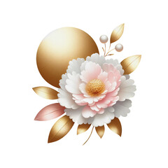 Wall Mural - Gold pink white flower clipart, golden floral transparent background cutout png