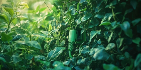 Ecological friendly and sustainable renewable energy concept. Green power cord in wall socket or outlet surrounded by green leaves and plants. Copy space