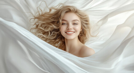 Wall Mural - A beautiful woman with blonde, curly hair is smiling and enjoying the wind