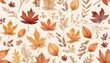 © designhunt - Watercolor seamless pattern with fall flowers and leaves pressed flower autumn watercolor illustration with a light beige background, Hand-painted watercolor