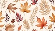 © designhunt - Watercolor seamless pattern with fall flowers and leaves pressed flower autumn watercolor illustration with a light beige background, Hand-painted watercolor