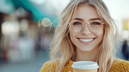 Cheerful young woman savoring her drink on a bench outside a bustling shopping mall, vibrant atmosphere, casual style, engaging with her surroundings, joyful moment.