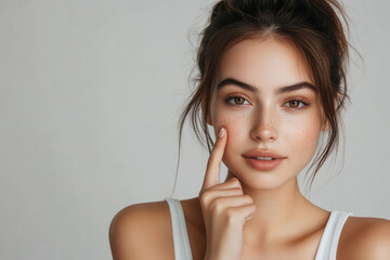 Wall Mural - A young, beautiful woman touches her face with one finger, showcasing skin care products against a white background.