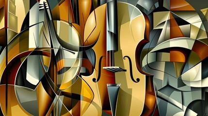 A painting of two violins with a cello in between