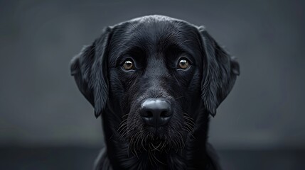 Canvas Print - A close-up portrait of a black Labrador retriever with expressive eyes against a dark background.