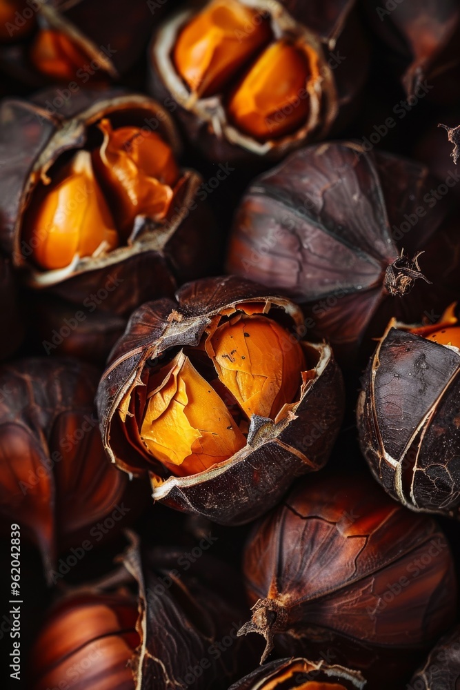 Castanas Inside Perfectly roasted chestnuts with cracked brown shells revealing golden ...
