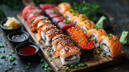 Canvas Print - A sushi platter with a variety of sushi rolls and condiments