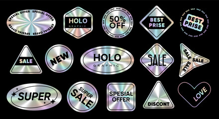 Hologram stickers and emblems icons with tags set. Holographic stamps with iridescent texture for sale,special offer, best price and other. Iridescent rainbow foil adhesive symbols and objects. Vector