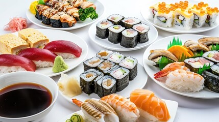 Wall Mural - A variety of sushi and sashimi are displayed on plates and bowls