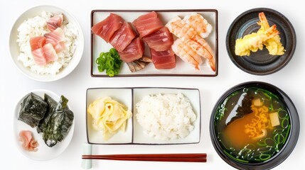 Wall Mural - A plate of sushi and other Asian food is set on a table