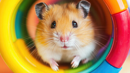 Close-up of a fluffy hamster peeking out from its colorful exercise wheel