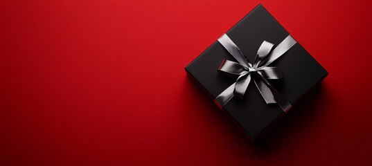 Sticker - Luxurious Black Gift Box with Silver Ribbon on Deep Red Background for Upscale Celebrations and Gifting