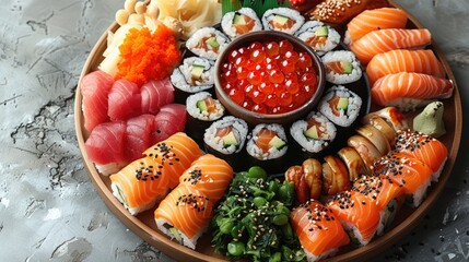 Wall Mural - A plate of sushi with a variety of different types of sushi and a dipping sauce