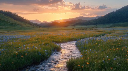 Wall Mural - A beautiful field of flowers with a small stream running through it