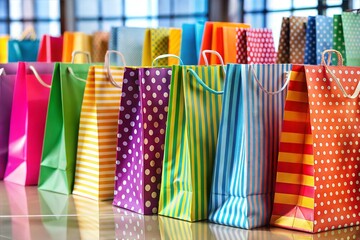 Colorful patterned shopping bags in row on reflective surface