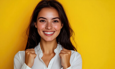 Wall Mural - Portrait of a beautiful, smiling woman in a white shirt standing against a yellow background.