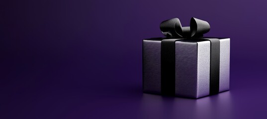 Wall Mural - Luxurious Chrome Gift Box with Black Ribbon on Dark Purple Background for Elegant Occasions and Design