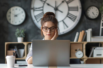 Wall Mural - a businesswoman in a modern office, multitasking with a laptop, smartphone, and a large wall clock b