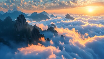 Wall Mural - A dreamy sea of clouds floats gently under the sun, and the mountains are hidden in the fog, showing a tranquil natural atmosphere.