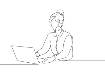 Wall Mural - Businesswoman Working Silhouette Continuous One Line Vector Illustration. Abstract Black Sketch Illustration of Businesswoman with Laptop for Minimalist Design.