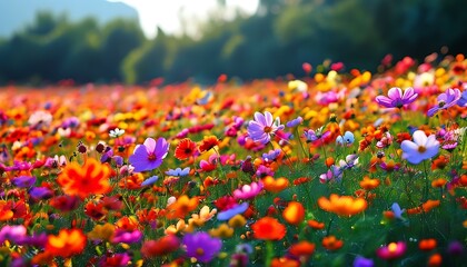 Poster - In the gorgeous flower field, colorful flowers bloom in the warm sunshine, forming a charming natural picture.