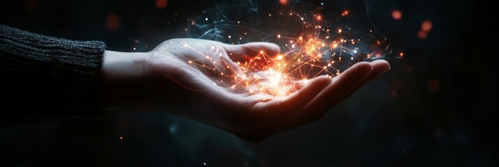 Hand holding glowing data network with particles, symbolizing digital connection and innovation.