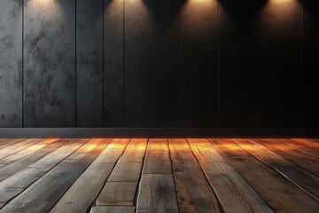 Wall Mural - Wood floor with dark black wall and lighting for present product