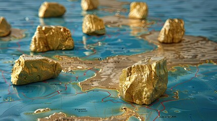 A map of the world with gold rocks scattered across it