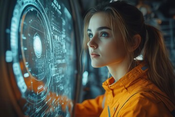 empowered female engineer confident woman in vibrant orange jumpsuit and protective gear inspects hightech machinery futuristic factory backdrop with holographic displays