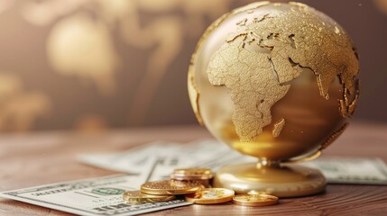 Wall Mural - A gold globe sits on a table with a pile of coins and a stack of dollar bills