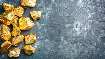 A pile of gold rocks on a grey background