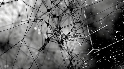 A black and white image of a web of lines and dots