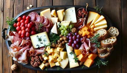 artfully presented charcuterie board with cheeses, cured meats, fresh fruits, nuts, and artisan bread on a rustic wooden table decorated with herbs