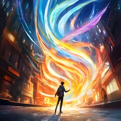 Canvas Print - Man Standing in City with Swirling Lights.