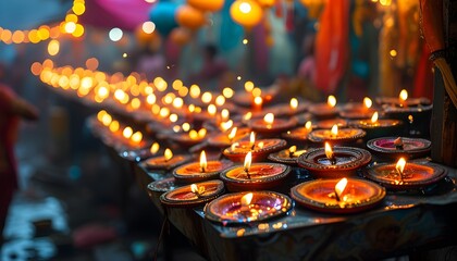 Sticker - Vibrant Diwali Celebration with Families Lighting Diyas and Fireworks in a Festive Neighborhood