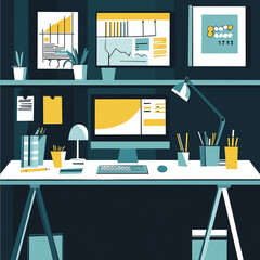 A vector illustration of a modern office workspace, complete with a desk, computer, and business tools.