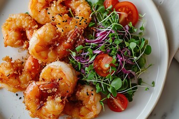 top view of fried shrimp with salad with microgreens and tomatoes on a white plate on concrete background