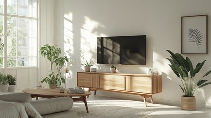 A clean, modern Scandinavian living room with a wooden TV cabinet, soft beige sofa, white walls, and a few potted plants, creating a serene and peaceful atmosphere