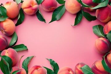 composition ripe sweet peach fruits with leaves frame on pink background top view with copy space