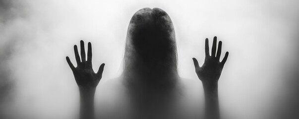 The blurry silhouette of the person's hands and face behind foggy glass, creating an eerie atmosphere. The background is blurred to emphasize their presence.