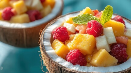 Delicious fruit salad in coconut bowls with mint leaves, featuring fresh mango, raspberry, and apple, perfect for summer parties.