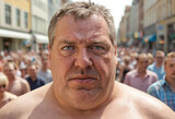 Shirtless middle-aged man, sweating in crowded shopping street, grey hair, annoyed and stressed, feeling effects of climate change and heat.