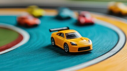 Toy race cars on a miniature racetrack, speed and excitement captured