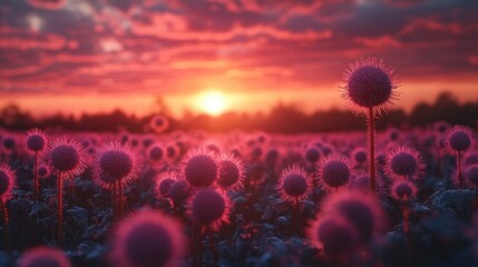 Poster - Sunset Over a Field of Purple Flowers