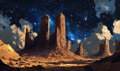 Sticker - A Night Sky with Tall Rock Formations in a Desert Landscape