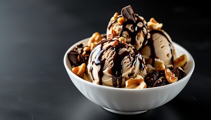 Wall Mural - A bowl of delicious ice cream, decorated with chocolate sauce and nuts, placed in a white bowl with a black tabletop in the background.