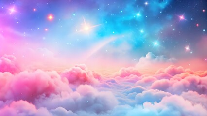 pastel rainbow unicorn background including sparkling stars. a hazy, pink fantasy sky. charming holo