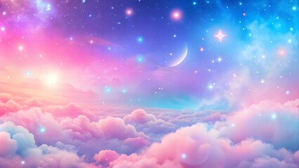 Wall Mural - Pastel rainbow unicorn background including sparkling stars. A hazy, pink fantasy sky. Charming holographic area. pink and blue gradient